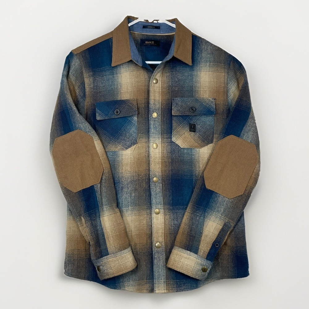 Roark Men's M Flannel Snap Button Shirt Wool Blend Plaid Elbow Patch Fall